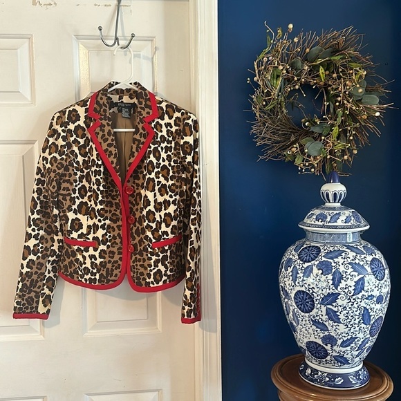 NWOT Women’s ETCETERA Beige Brown Cheetah Print Cotton Blend Red Trim Blazer - Picture 2 of 8